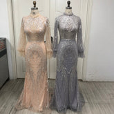 Grey Mermaid Elegant High Neck Evening Dresses Gowns 2025 Full Sleeves Beaded Luxury For Women Party LA71609
