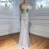 Vestidos de noche de lujo de sirena gris, con plumas y cuentas, elegantes para mujer, para fiesta, LA71174