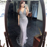 Vestido de noche de lujo de sirena gris con cuentas y cristales, elegante y sexy para mujer, para fiesta, LA70849
