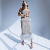 Grey Mermaid Midi Length Evening Dresses Gowns Beaded Sexy Feather Rear Leg Split 2025 For Women Party LA71669