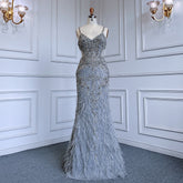 Grey Mermaid Sexy Spaghetti Straps Cut Out Luxury Beaded Feather Dress Evening Gowns 2025 For Woman Party LA71774