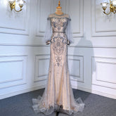 Grey Nude Luxury Evening Dresses Gowns 2025 Beaded Lantern Sleeve Mermaid Elegant For Women Party LA71603