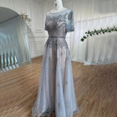 Grey O Neck Short Sleeves A Line Evening Dresses 2025 Mother of the Bride Luxury Beaded Party Gowns LA72102