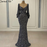 Grey Sliver Luxury Evening Dresses Gowns 2025 Elegant Sexy Flared Sleeves For Woman Party LA71178