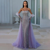 Lilac Mermaid Strapless Overskirt Feather Beaded Evening Dresses With Gloves Gowns 2025 For Women Party LA72029