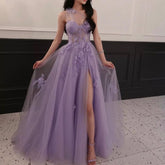 Lilac One Shoulder Split Long 2025 Flower Graduation School Party Gown Celebrity Prom Dresses LA71881