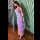 Robe de soirée élégante à plumes lilas, col licou, LA72056