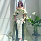 Luxury Dubai Arabia Sage Green Evening Dresses Gowns With Cape Beaded Women Wedding Party Dress 2025 LA72567