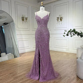 Robe de soirée sirène rose à bretelles spaghetti et fente haute, ornée de perles, pour femme, tenue de mariage, LA72464