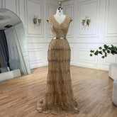 Luxury Dubai Arabic Mermaid Gold Elegant Tassel Beaded Evening Dresses Gowns for Women's Wedding Party 2025 LA72581