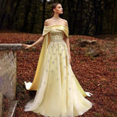 Luxury Dubai Arabic Yellow Elegant Boat Neck Long Evening Dress Beaded Party Gown for Women's Wedding LA72531