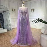 Luxury Dubai Arabic lilac Elegant Cape Sleeves Mermaid Beaded Evening Dresses Gowns For Woman Party 2025 LA72532