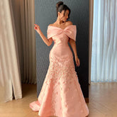 Luxury Dubai Elegant Appliques Mermaid Peach Satin Long Evening Dresses Gowns for Women Wedding Party 2025 LA72483