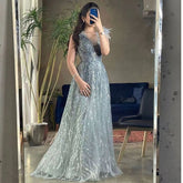 Luxury Dubai Feathers Evening Dresses 2025 Sexy V-Neck Beaded Blue Long Formal Party Gowns For Women Wedding LA71805