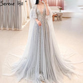 Luxury Dubai Grey Evening Formal Dresses with Feather Cape Shawl Gold Arabic Women Wedding Party Gowns Long LA70640