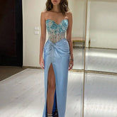 Luxury Dubai Lilac Split Strapless Mermaid Beaded Arabic Evening Dresses Gowns for Women Wedding Party 2025 LA72329