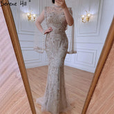 Luxury Grey Nude With Cape Mermaid Luxury Evening Dresses Gowns 2025 Beaded Elegant Sexy For Woman Party LA71027