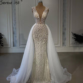 Luxury Ivory Mermaid Evening Dresses Gowns 2025 Beading Elegant With Train Formal Dress LA71109