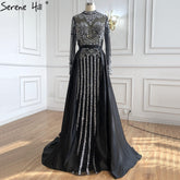 Luxury Muslim Black With Overskirt Mermaid Long Elegant Evening Gowns Dresses For Woman LA71011
