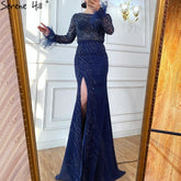 Luxury Muslim Navy Blue Evening Dresses Gowns 2025 Elegant Meramaid Beading Feathers For Women Party LA70978