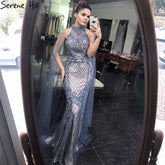 Luxury Navy Blue With Train Evening Dresses Gowns 2025 Mermaid Beading Diamond Elegant For Women Party LA70807