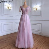 Luxury Pink A-Line Evening Dresses Gowns 2025 Beaded Short Sleeves Lace Up For Women Party LA70840