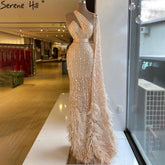 Mermaid Gold One Shoulder Evening Dresses Gowns 2025 Luxury Feather Beaded Elegant Sexy For Women Party LA71096