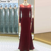Mermaid Wine Red O-Neck Evening Gowns 2025 Lone Sleeves Beading Luxury Formal Dress Design LA70730