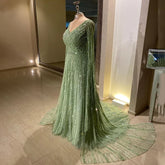 Mint Cape Sleeves A Line Beaded Luxury Dubai Evening Dresses Long 2025 Celebrity Gowns For Woman Party LA71865