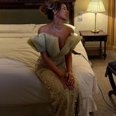 Mint Green Mermaid Elegant Sexy V-Neck Evening Dresses Gowns 2025 Luxury Pearls Beaded For Women Party LA71719