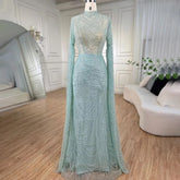 Mint Luxury Mermaid Muslim Evening Dresses Gowns 2025 Cape Sleeves Beaded Elegant For Women Wedding Party LA72182