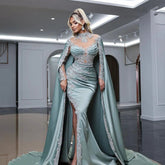 Mint Mermaid Elegant High Collar Beaded Cape Sleeves Luxury Evening Dresses Gowns 2025 For Women Party LA71680