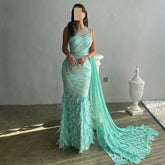 Robe de soirée sirène asymétrique turquoise plume avec cape LA72399