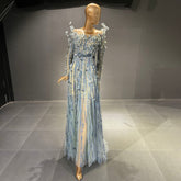 Moslim Blauw Luxe Avond Jurken 2025 Kralen A-lijn Voor Vrouwen Wedding Party LA71549