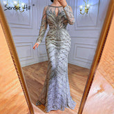 Musliim Grey Mermaid Evening Dresses 2025 Lace Beading Crystal Elegant For Women Party LA71131