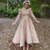 Muslim A-Line Luxury Pearls Beaded Nude Midi Ankle Length Evening Dresses Gowns Formal Woman Wedding Party LA72176