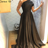 Muslim Black A-Line Evening Dresses Gowns 2025 Satin Beading Luxury For Woman Party LA71074