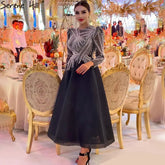 Muslim Black A-Line Midi Luxury Beaded Ankle Length Evening Dresses Gowns 2025 For Women Party LA71290