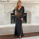 Muslim Black Beaded Evening Dresses Gowns 2025 Satin Mermaid Elegant For Women Party LA71451