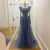 Muslim Blue A Line Evening Dresses Luxury Beaded Formal Gowns 2025 For Women Party LA71762A