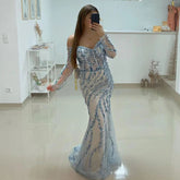 Muslim Blue Boat Neck Elegant Mermaid Beaded Evening Dresses Long Luxury 2025 Celebrity LA71653C