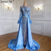 Muslim Blue Detachable Skirt Evening Dresses Gowns 2025 Feathers Beaded Mermaid Luxury For Women Party LA60932A