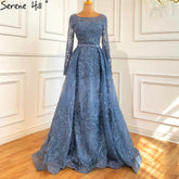 Muslim Blue Lace Beaded Luxury Evening Dresses Gowns 2025 O-Neck Mermaid Elegant For Women Party LA70834