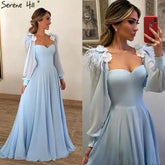 Muslim Blue Simple Evening Dresses Gowns 2025 Chiffon Ostrich Feather A-Line For Women Party HA2217