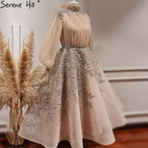 Muslim Champagne Luxury Evening Dresses Gowns 2025 Lantern Sleeves A-Line For Women Party LA71035