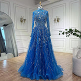 Muslim Elegant blue A Line Beaded Luxury Dubai Evening Dresses Gowns For Women Wedding Party 2025 LA72302A
