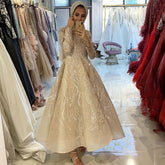 Muslim Gold A-Line Evening Dresses Gowns 2025 Lace Beading Crystal For Women Party LA70957