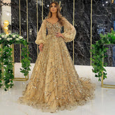 Muslim Gold Luxury A-Line Evening Dreses Gowns 2025 Puff Sleeves Beaded Sexy Formal Woman Party LA71049