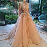 Muslim Gold Luxury Ball Gowns Evening Dress 2025 Long Sleeves Beading Women For Women Party LA71013