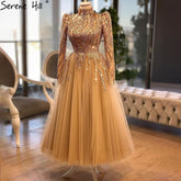 Muslim Gold Luxury Evening Dresses Gowns 2025 Ankle-Length A-Line Beading For Women Party LA70987